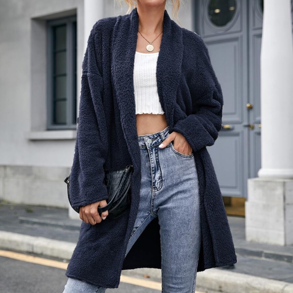 Navy Blue teddy open front coat jacket oversized Cozy